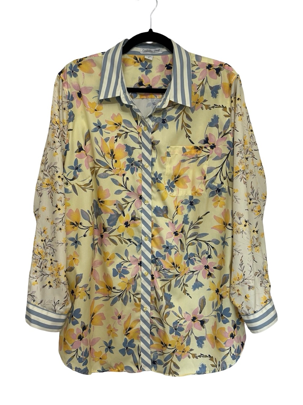 Coldwater Creek Mixed Yellow Floral Stripe 100% Cotton Button Down - Size 1X